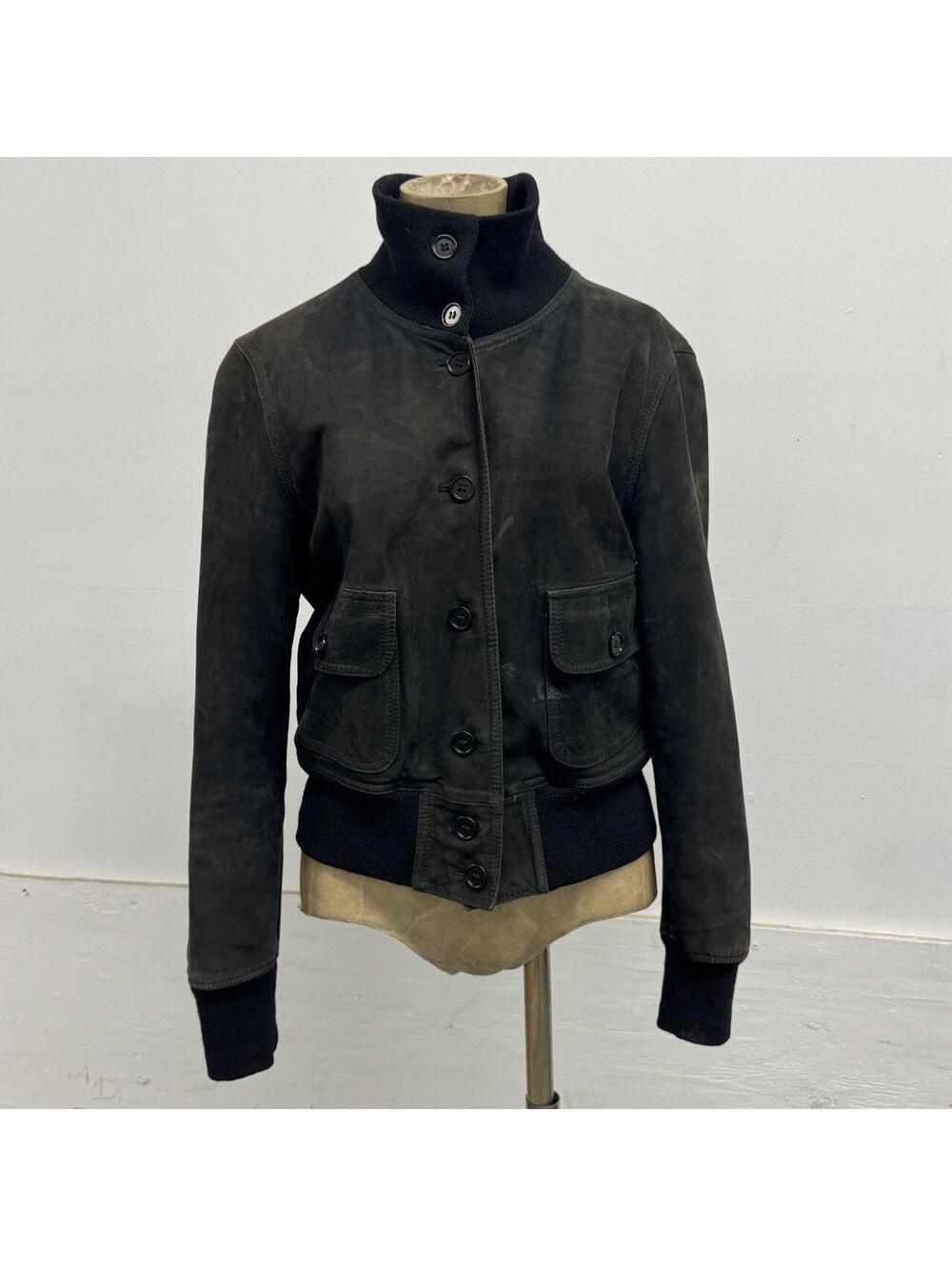Vintage Italian Washed Black Nubuck Leather Bomber Flight Jacket